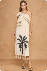 Paloma Tropical Palm Embroidered Tassel Midi Dress