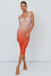 Nadia Ruched Midi Dress Gradient Orange