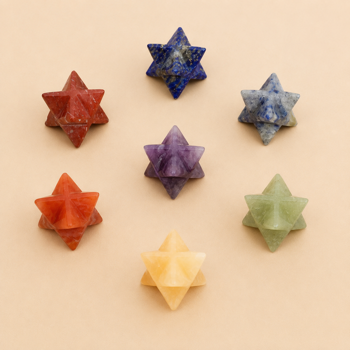 7 Chakra Merkaba Set, Chakra Crystals Set with Wooden Grid Plate, Selenite Log