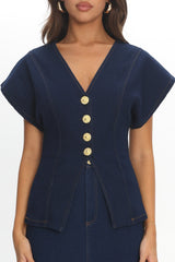 Over It Short Sleeve Button Top Denim