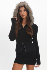 Odetta Fur Collar Knit Top Black