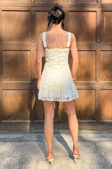 Falling Into Place Lace Ruffle Hem Mini Dress (Cream)