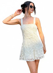 Falling Into Place Lace Ruffle Hem Mini Dress (Cream)