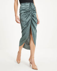 Garcelle Ruched Embossed Satin Maxi Skirt - Dark Sage