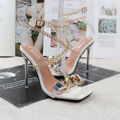 Clear Gem Embellished Square Toe Heels
