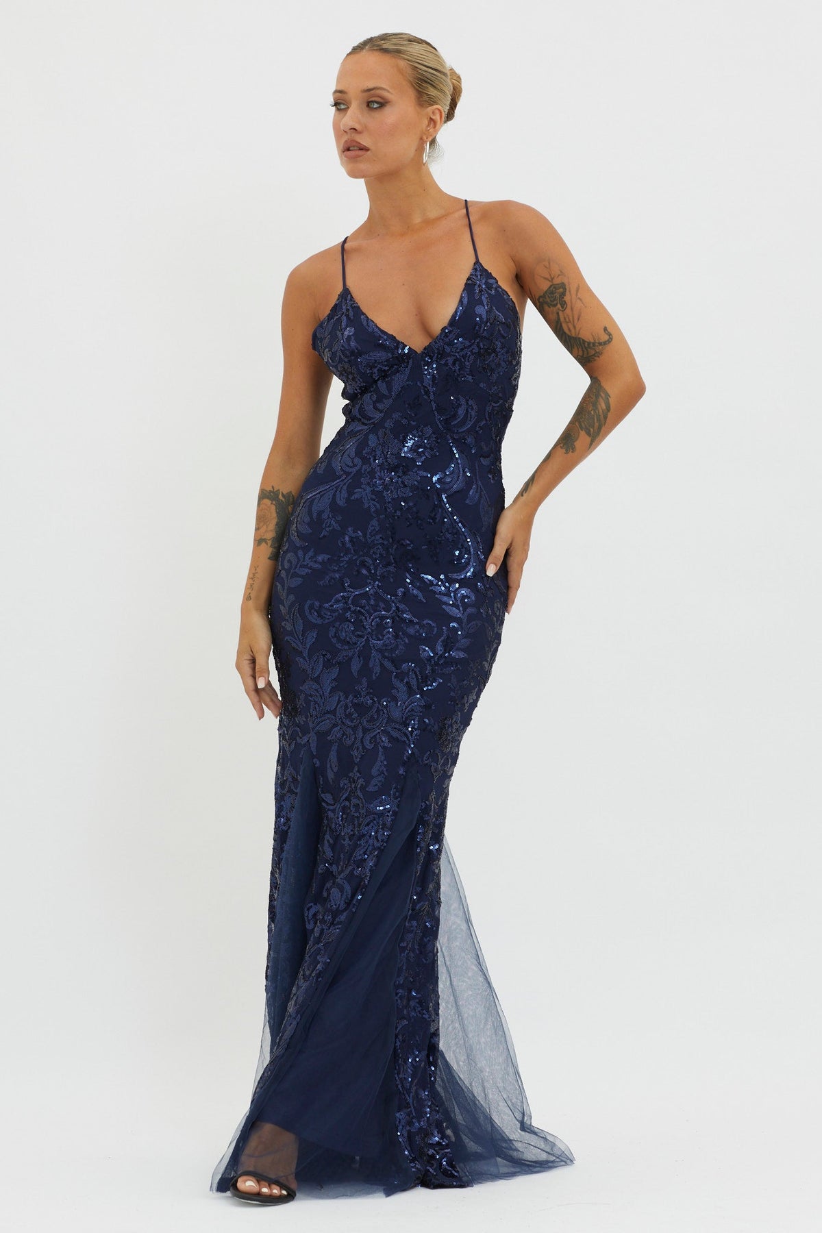Serenade Song Godet Hem Sequin Maxi Dress Navy