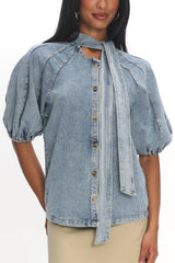 Notice Me Puff Sleeve Neck Bow Top Denim Blue