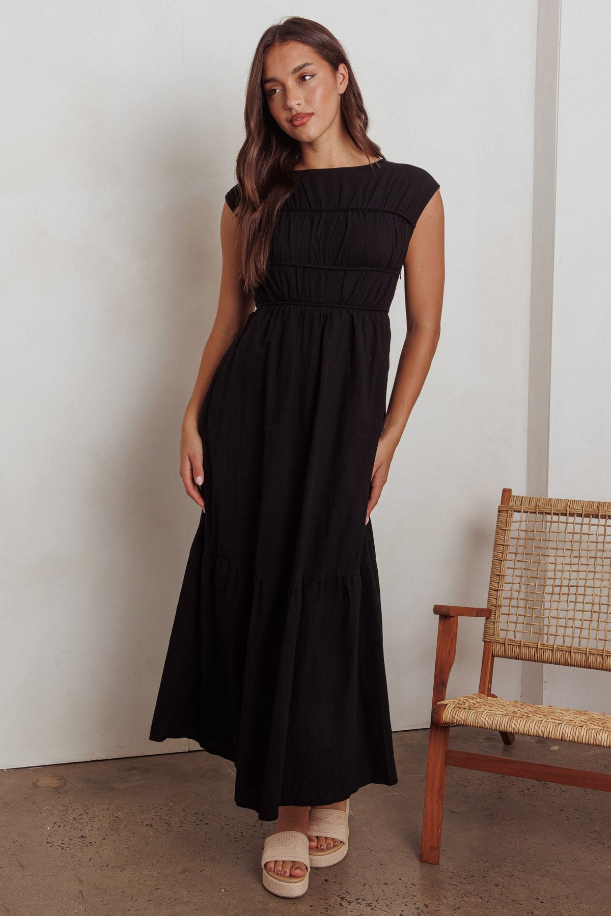 Called Out Gathered Bodice Maxi Dress Black