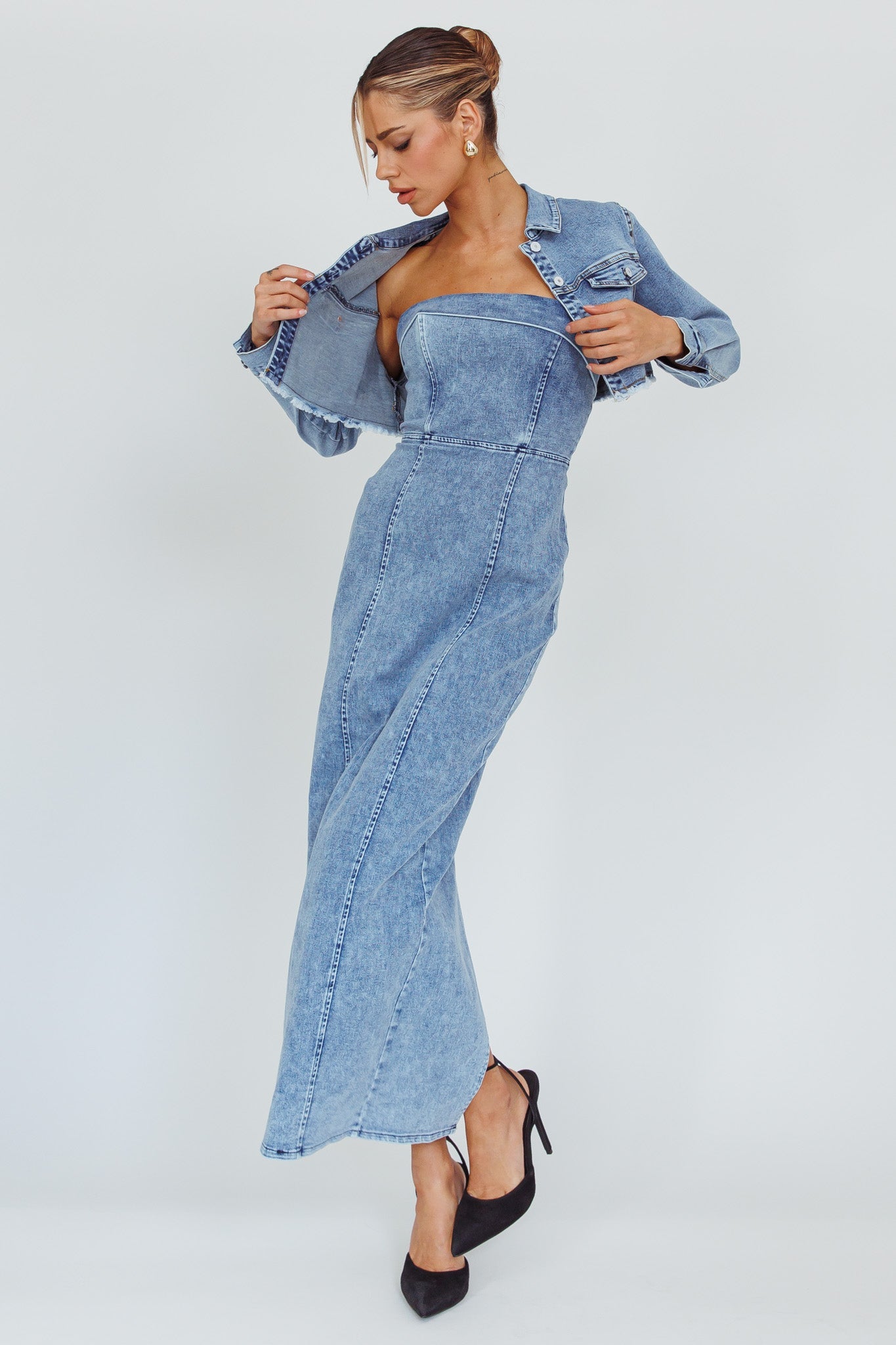Press Play Strapless Maxi Dress Denim Blue – Wildmere