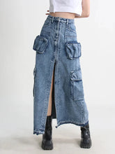 Y2K Cargo Split Denim Midi Skirt
