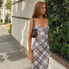 Y2K Plaid Slip Midi Dress