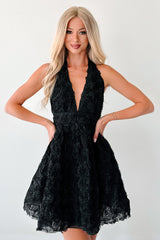 Lover’s Logic Floral Halter Mini Dress (Black)