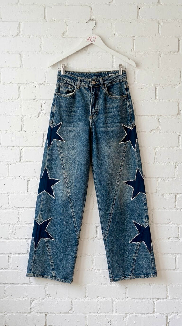 Jeans Wide Leg con Estrellas de Strass
