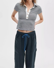 Knit Button Stripe Polo Tee-Tops/Blouses-Uniquities