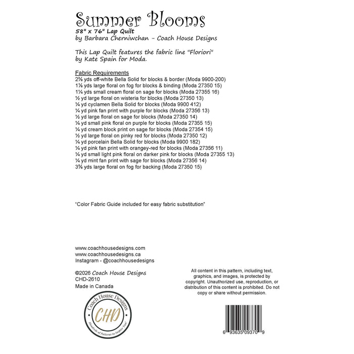 This page contains information about a lap quilt sewing pattern titled 'Summer Blooms' by Coach House Designs. It includes specifications and yardage requirements from the fabric collection "Floriori" by Kate Spain for Moda.