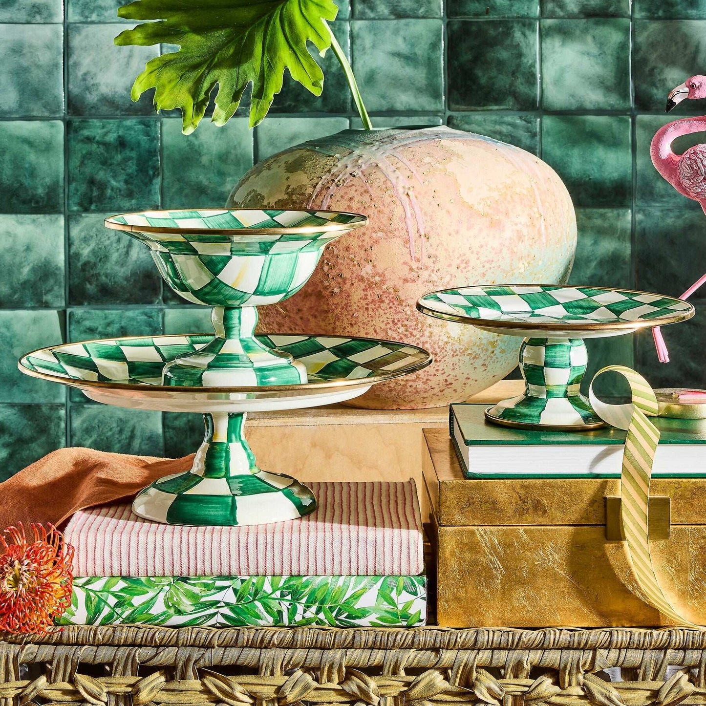 Emerald Check Small Pedestal Platter