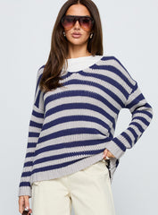 Drayven V Neck Knit Sweater Blue Stripe