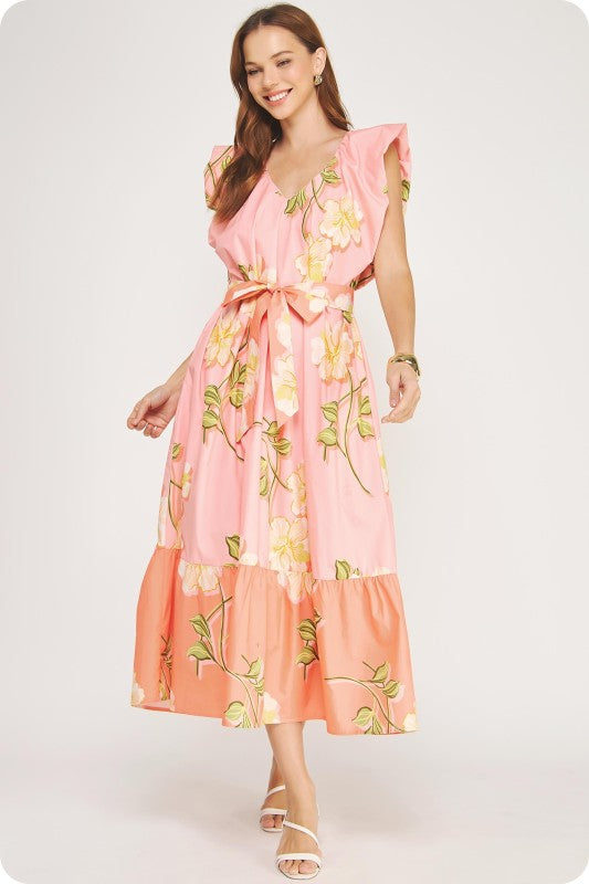The Bianca Tropical Hibiscus Midi Dress
