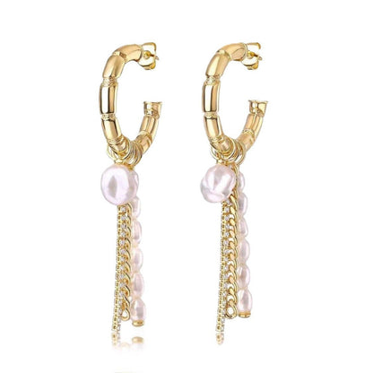 Skeletal C-Shaped Pearl And Chain Dangle Earrings