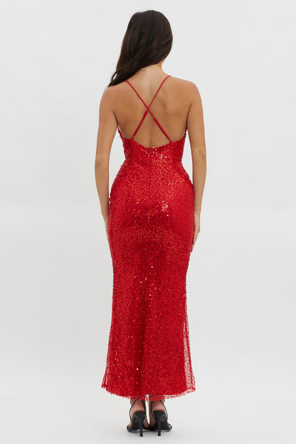 Glitter Nights Plunging Neckline Sequin Dress Red