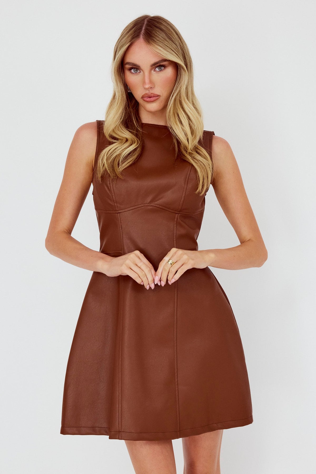 Opulent Sleeveless A-Line Mini Dress Faux Leather Brown