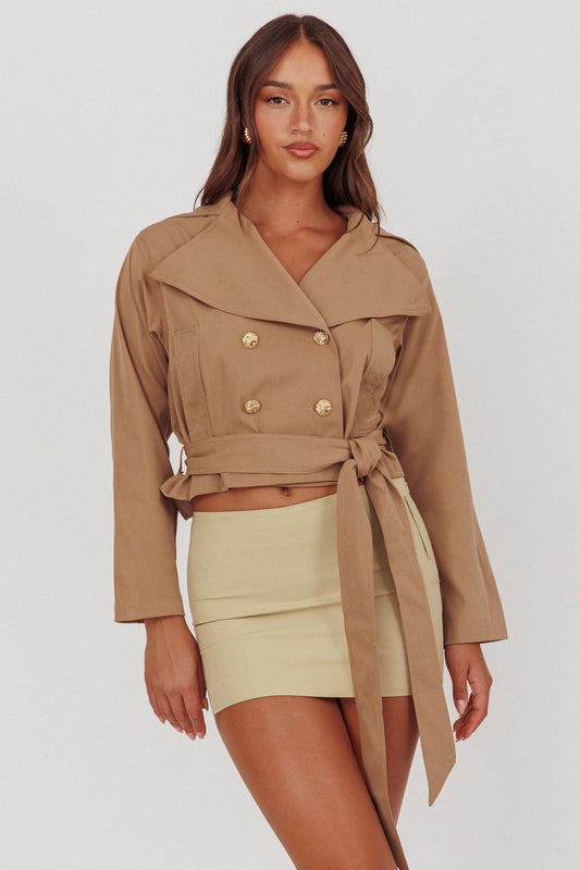Envision Crop Waist Tie Jacket Tan