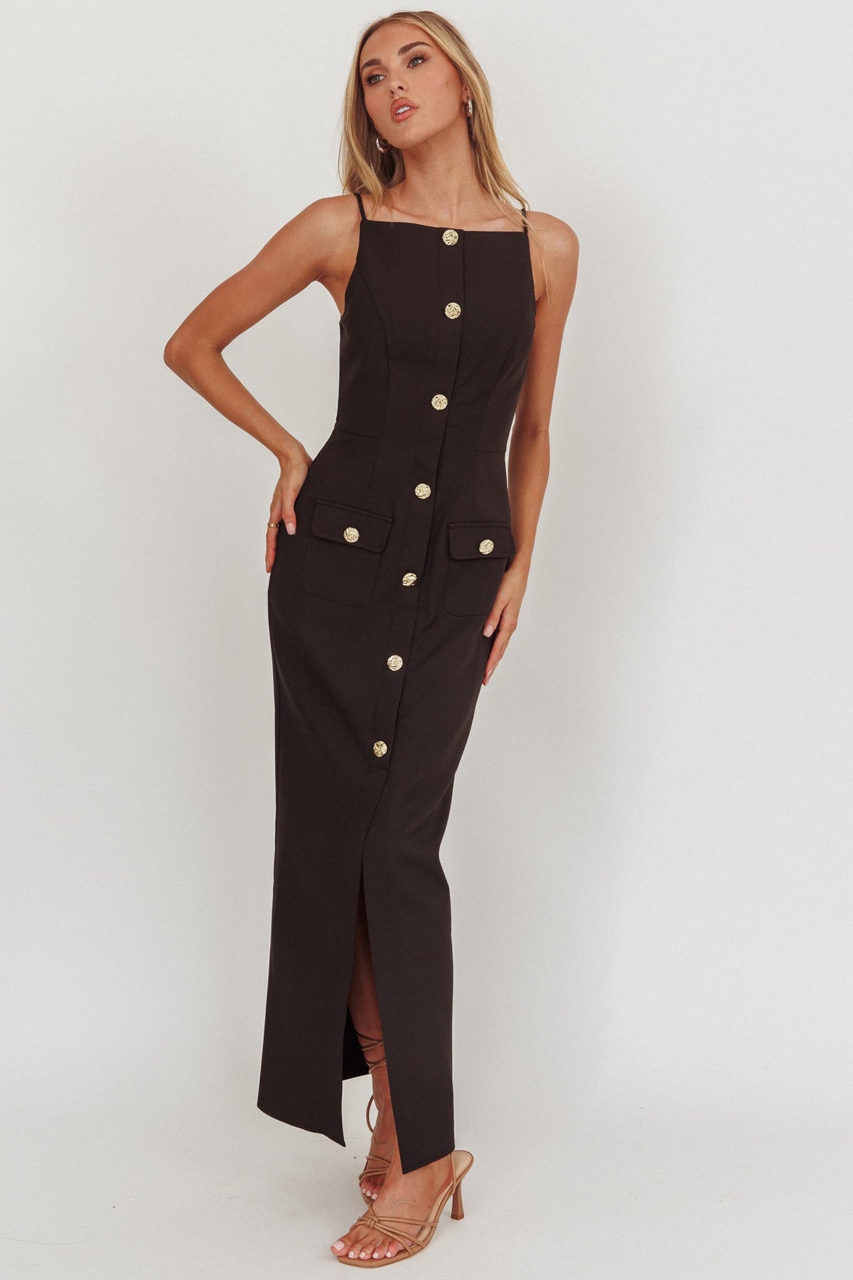 Harlin Button Decoration Maxi Dress Black