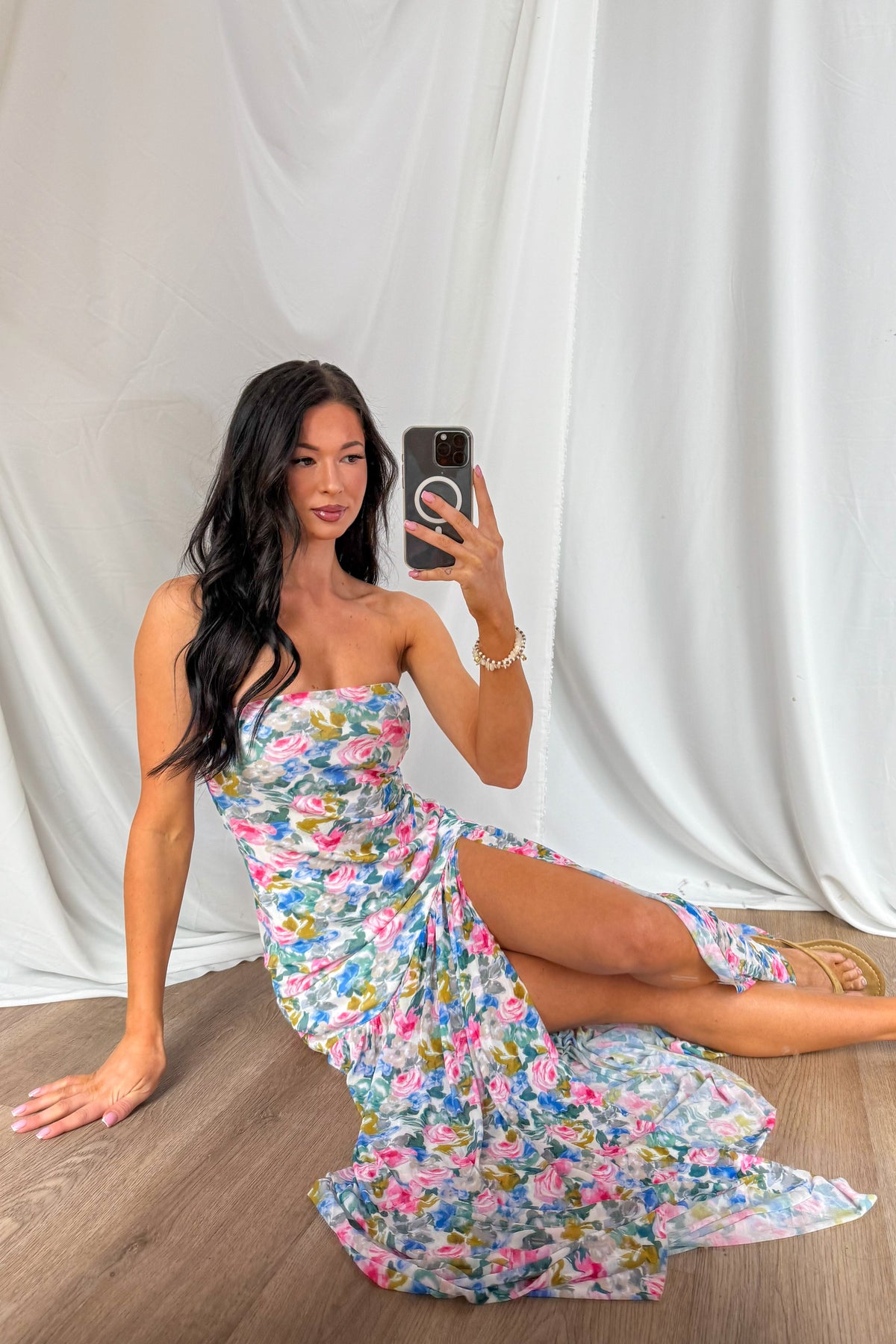 Blush & Breeze Floral Front Slit Mesh Maxi Dress (Cream)