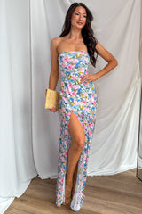 Blush & Breeze Floral Front Slit Mesh Maxi Dress (Cream)