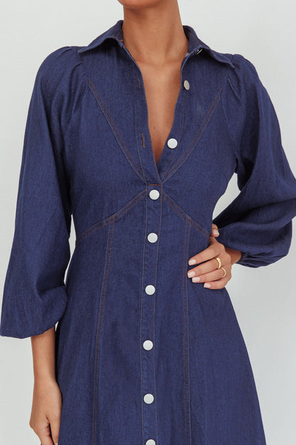 Ania Long Balloon Style Midi Dress Dark Denim