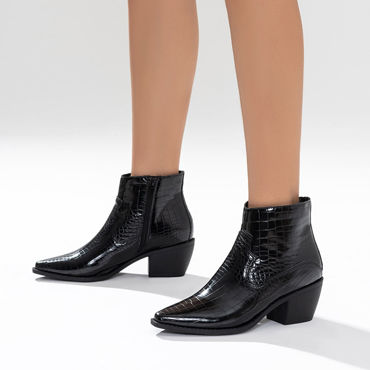 Black Western Ankle Boots Side Zipper Chunky Block Heel Booties