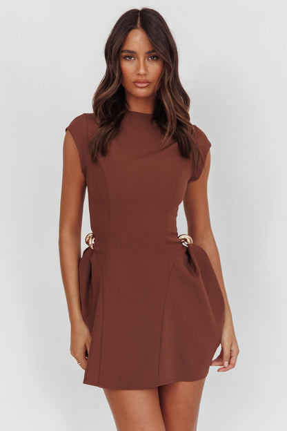 Girl Talks Cap Sleeve Puff Skirt Mini Dress Chocolate