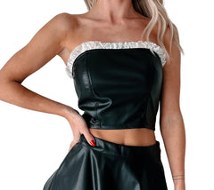 DOORBUSTER Flirty Tendencies Ruffle Lace Faux Leather Tube Top (Black)