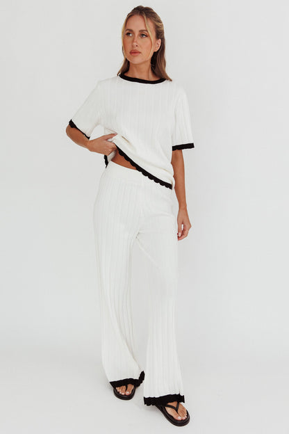 Liloh Contrast Trim Ribbed Knit Pants White