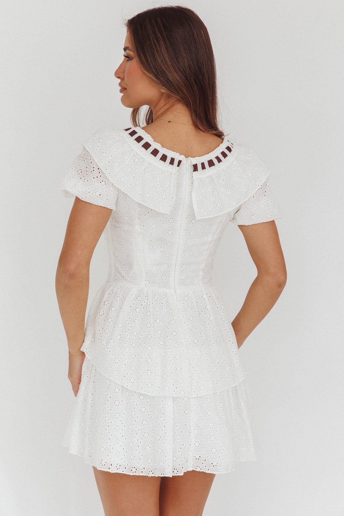 Rayelle Puff Sleeve Ruffle Eyelet Embroidery Mini Dress White