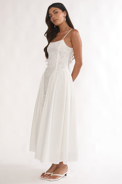 Seluna Gathered Waist Maxi Dress Embroidered Cream