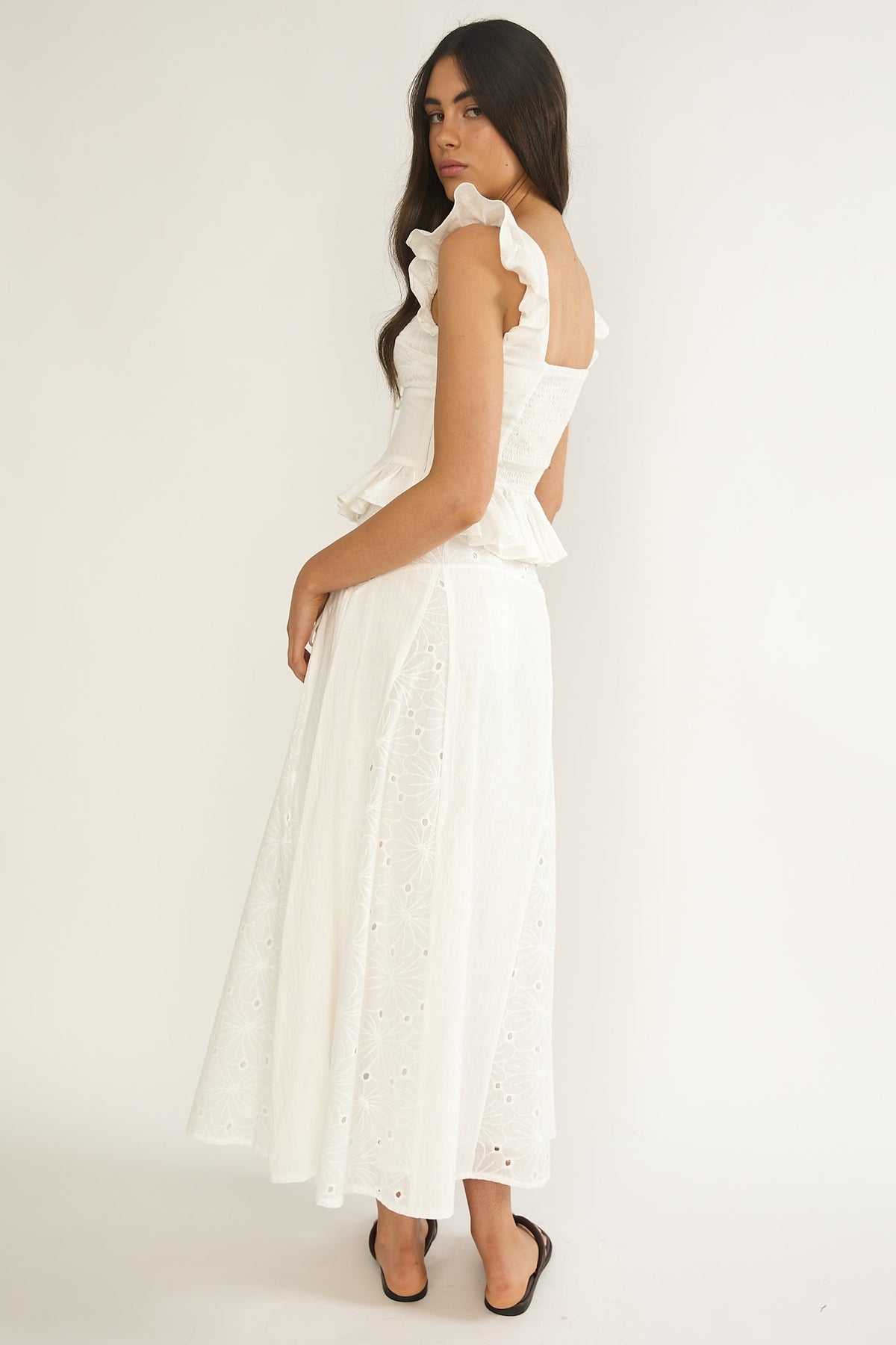 Danette String Tie Embroidery Maxi Skirt White