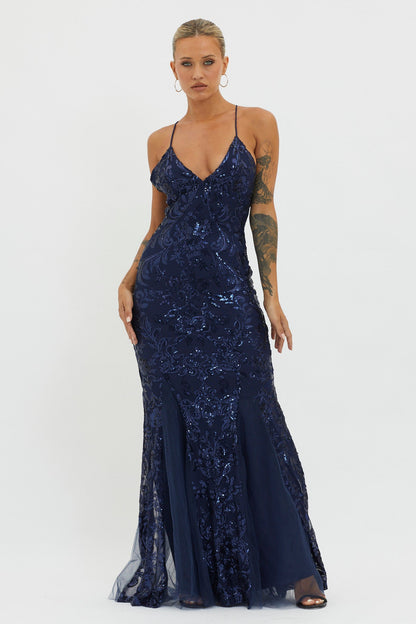 Serenade Song Godet Hem Sequin Maxi Dress Navy