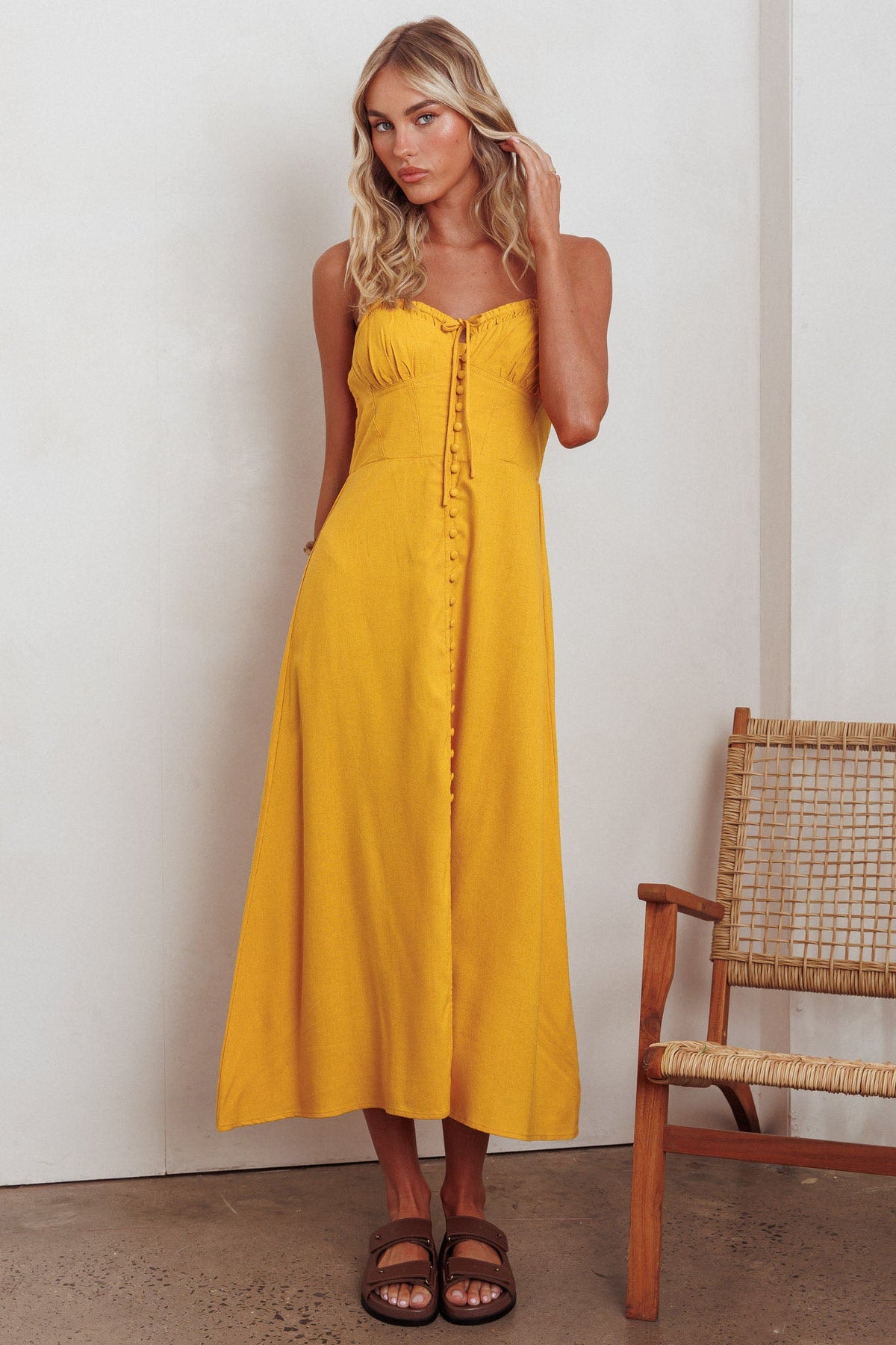 Back Together Button Front Midi Dress Marigold