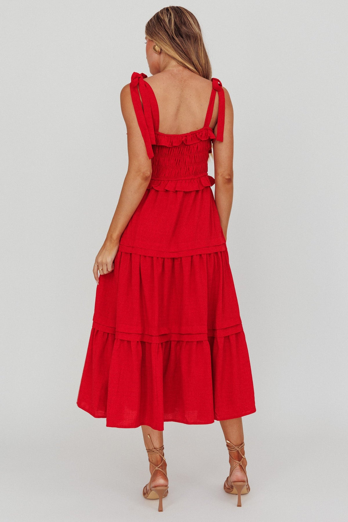 Paprika Tied Shoulder Shirred Midi Dress Red