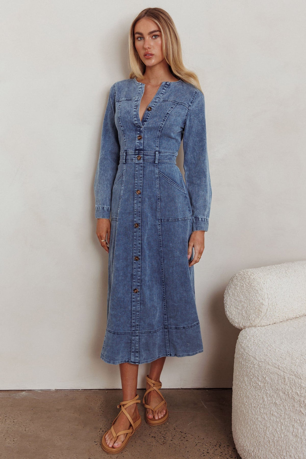 Aspen Love Front Pocket Midi Dress Denim Blue