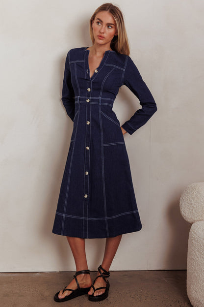 Aspen Love Front Pocket Long Sleeve Midi Dress Indigo