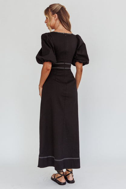 Sibille Puff Sleeve Contrast Stitch Dress Black