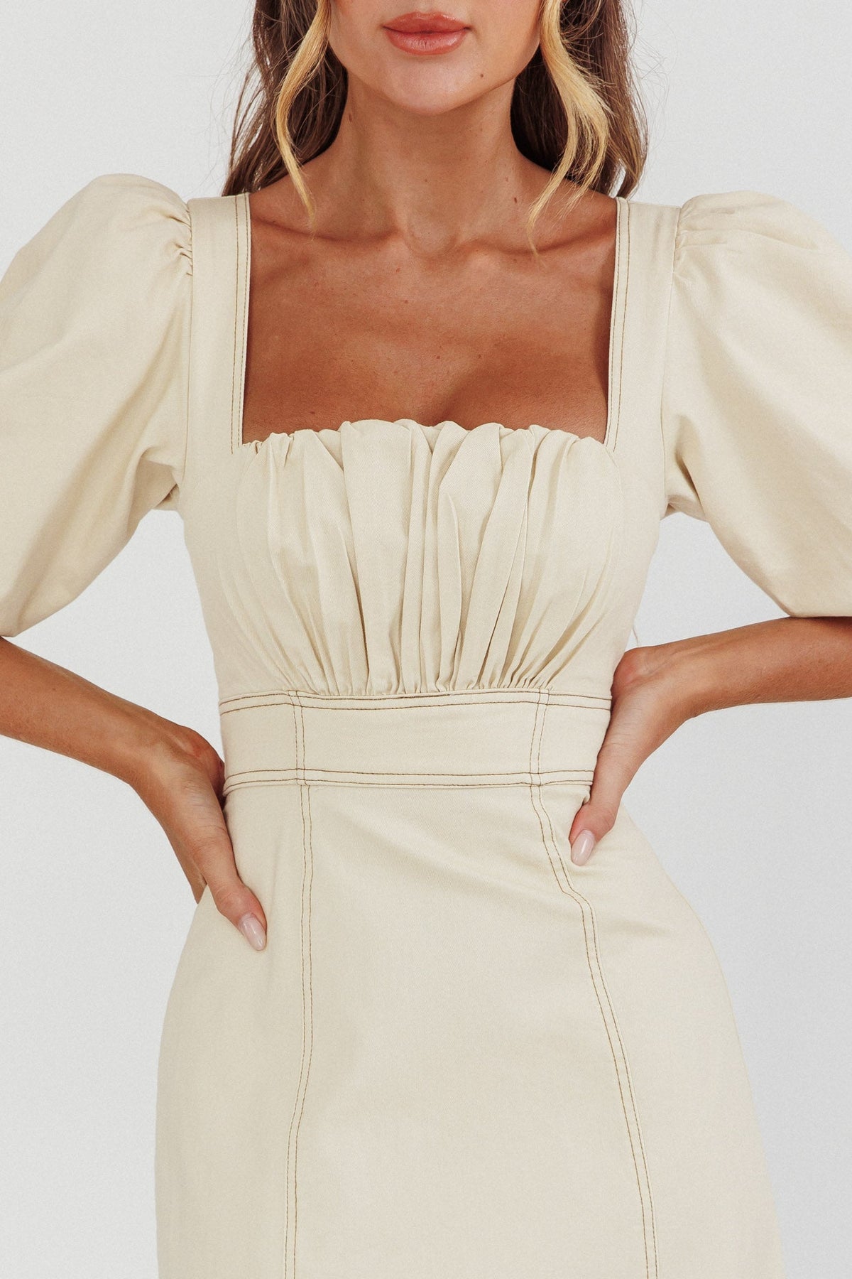 Sibille Puff Sleeve Contrast Stitch Dress Butter
