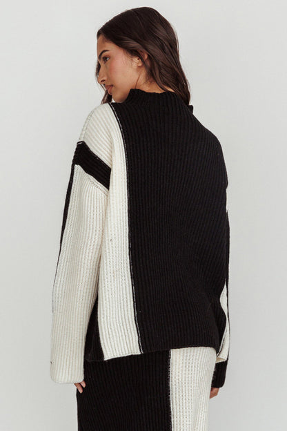 Eos Ribbed Mock Neck Knit Jumper Black Cream