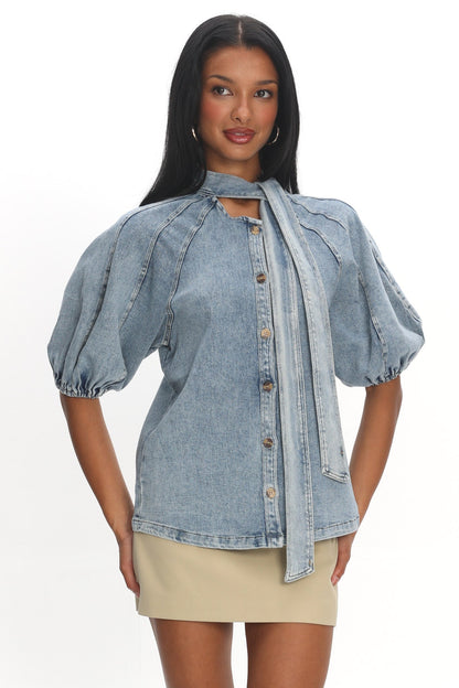 Notice Me Puff Sleeve Neck Bow Top Denim Blue