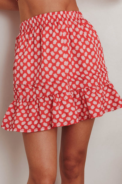 Danessa Frill Hem Pintuck Skirt Floral Red