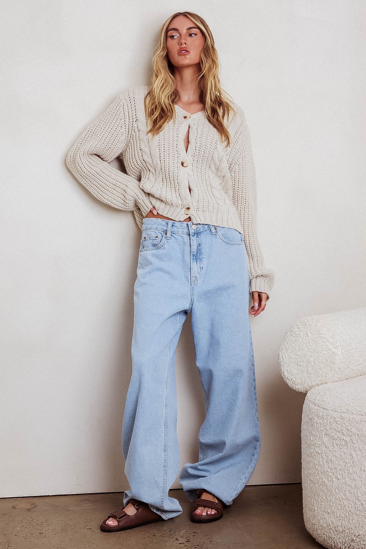 Prime Time Cable Knit Cardigan Oat