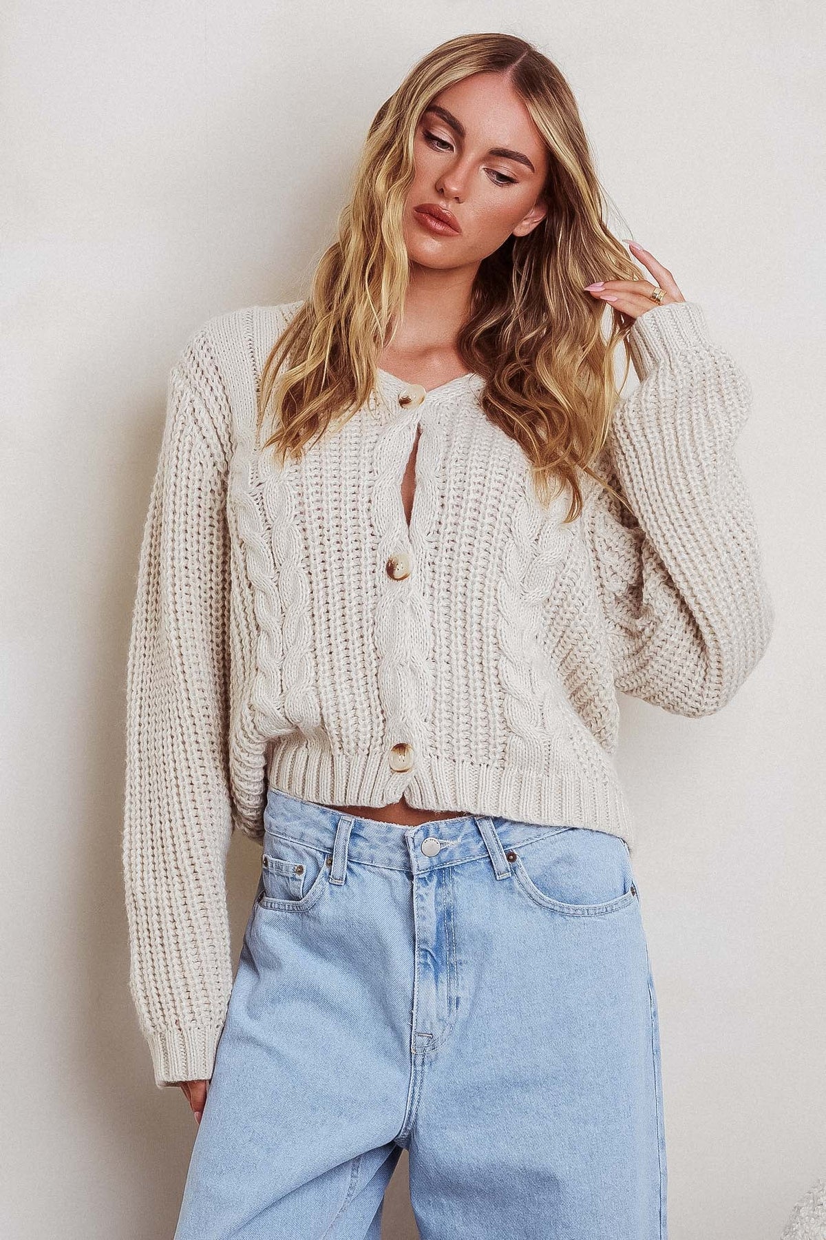 Prime Time Cable Knit Cardigan Oat