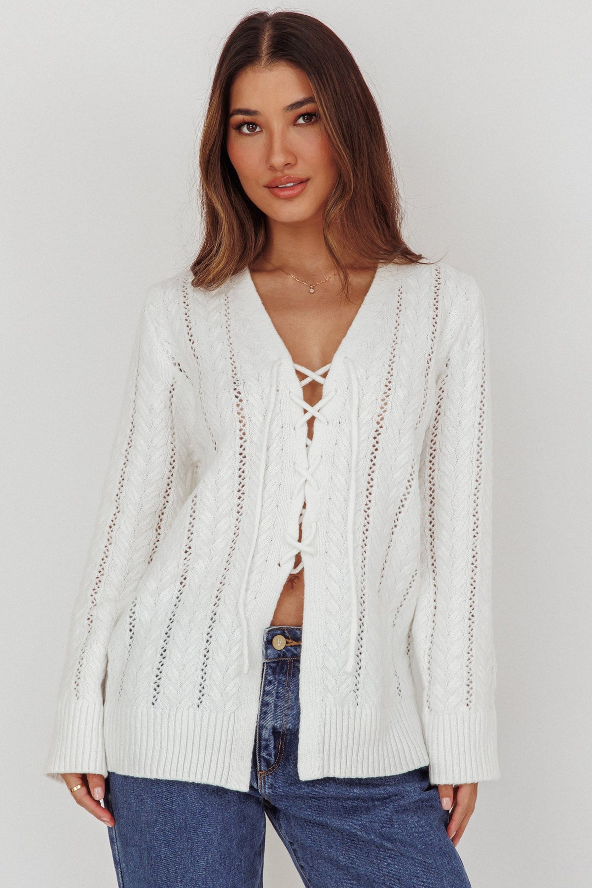 Seattle Lace-Up Front Knit Top White